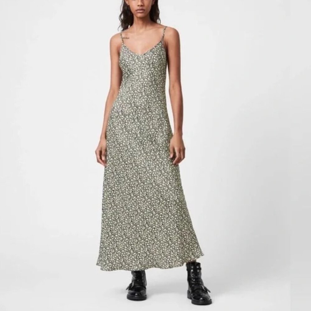 All Saints Floral Print Satin Maxi Slip Dress